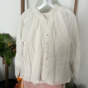 Cleobello Anthropologie white peasant top with ruffle neck and cinched sleeve